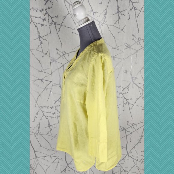 Olsen Yellow 100% Linen Tunic Top 3/4 Length Sleeves Sustainable - Picture 2 of 6